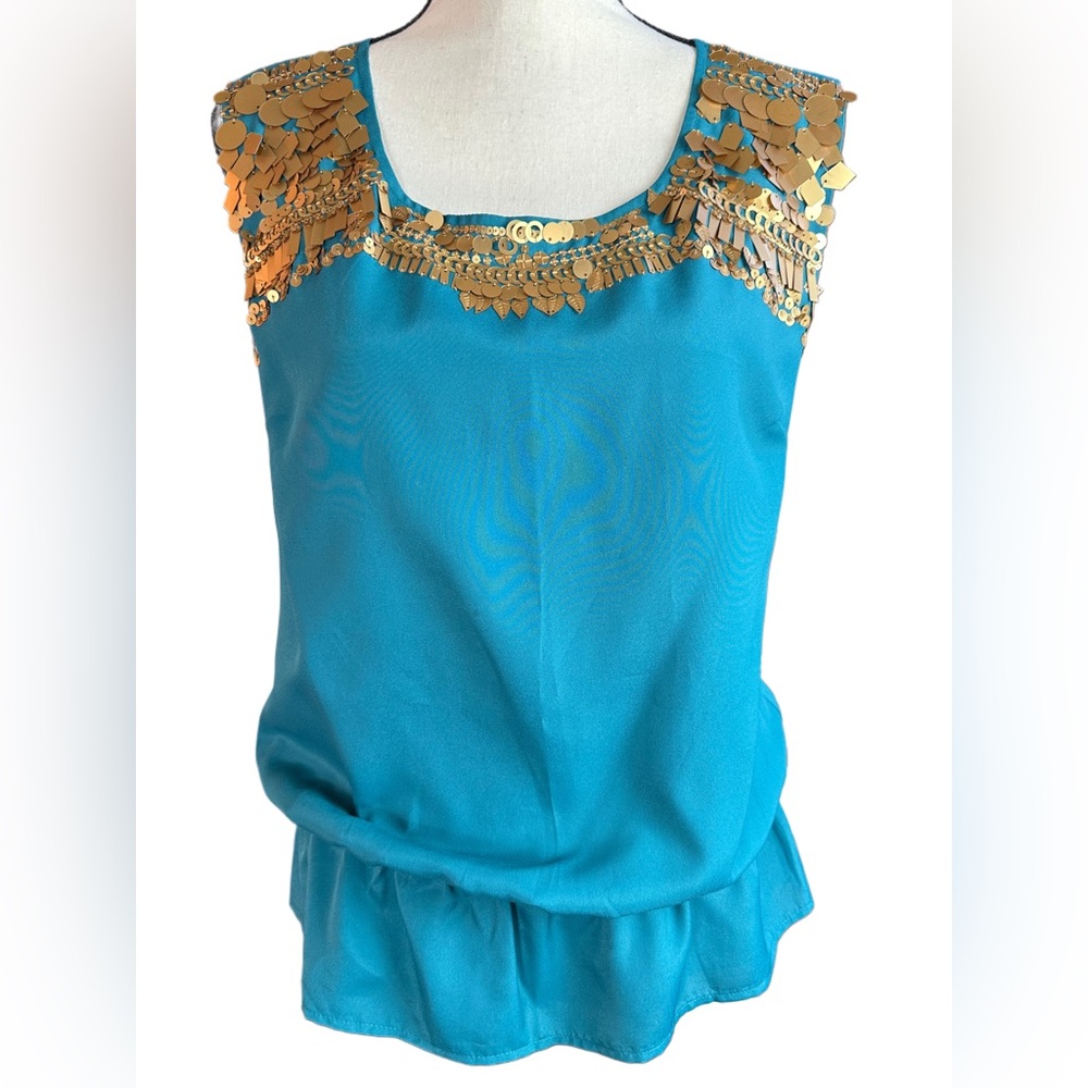 The Limited by Jodi Arnold Teal Gold Sequin Peplum Sleeveless Top M